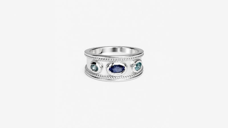 Silver Ring Katana with Tanzanite & natural blue Zircon